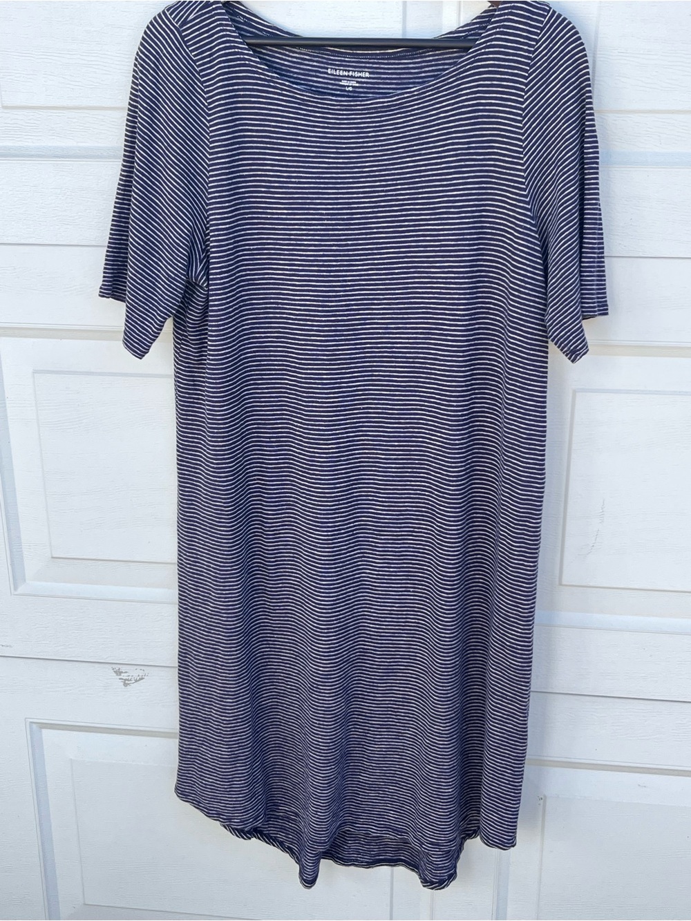 Women's Eileen Fisher Navy and White Striped Midi Dress short sleeves L